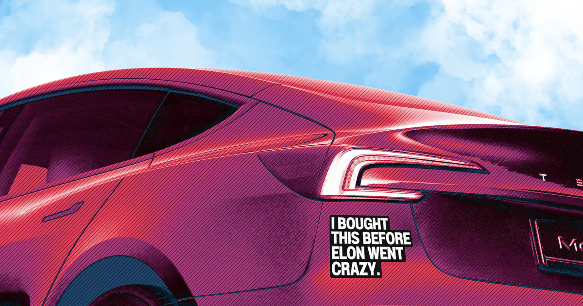 tesla with a bumper sticker that says, "i bought this before I knew elon was crazy"