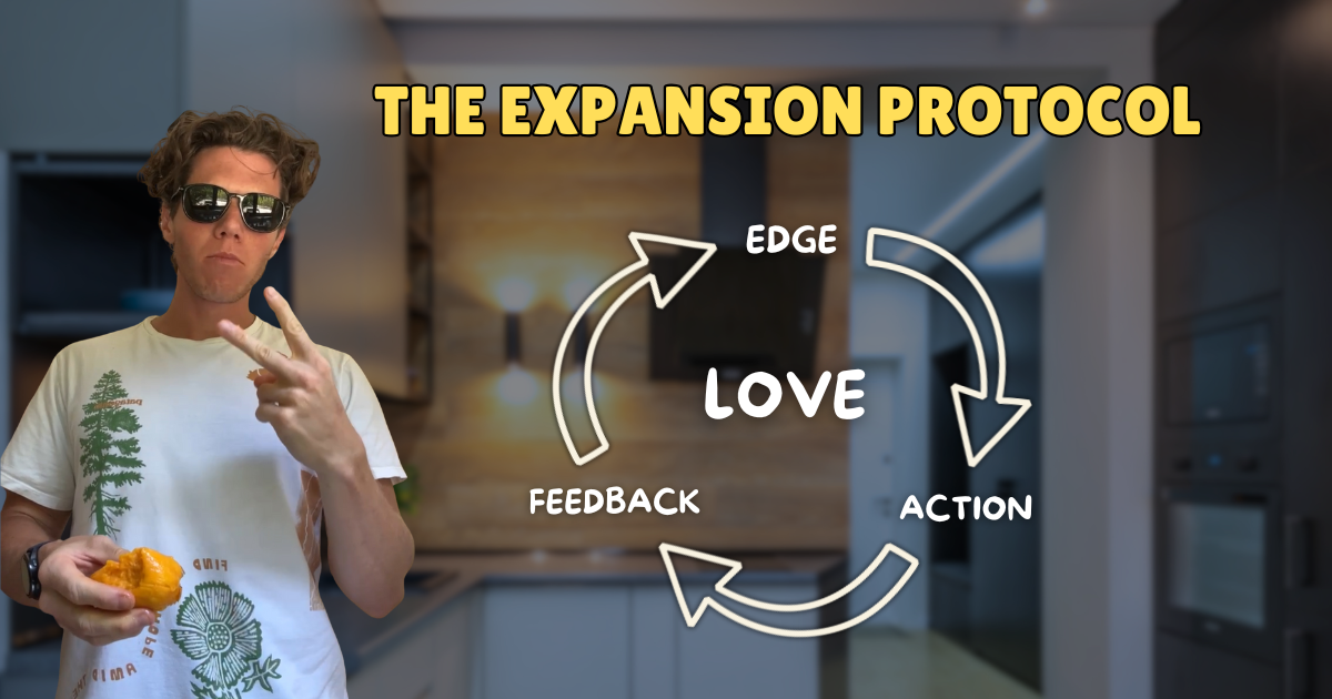 Matt Allyn eating a mango and an image of his expansion protocol of edge, action, feedback with love