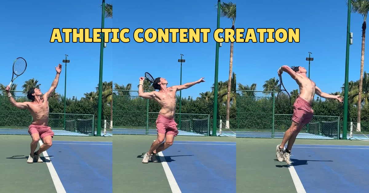 3 shots of me hitting tennis balls on a tennis court with a title athletic content creation